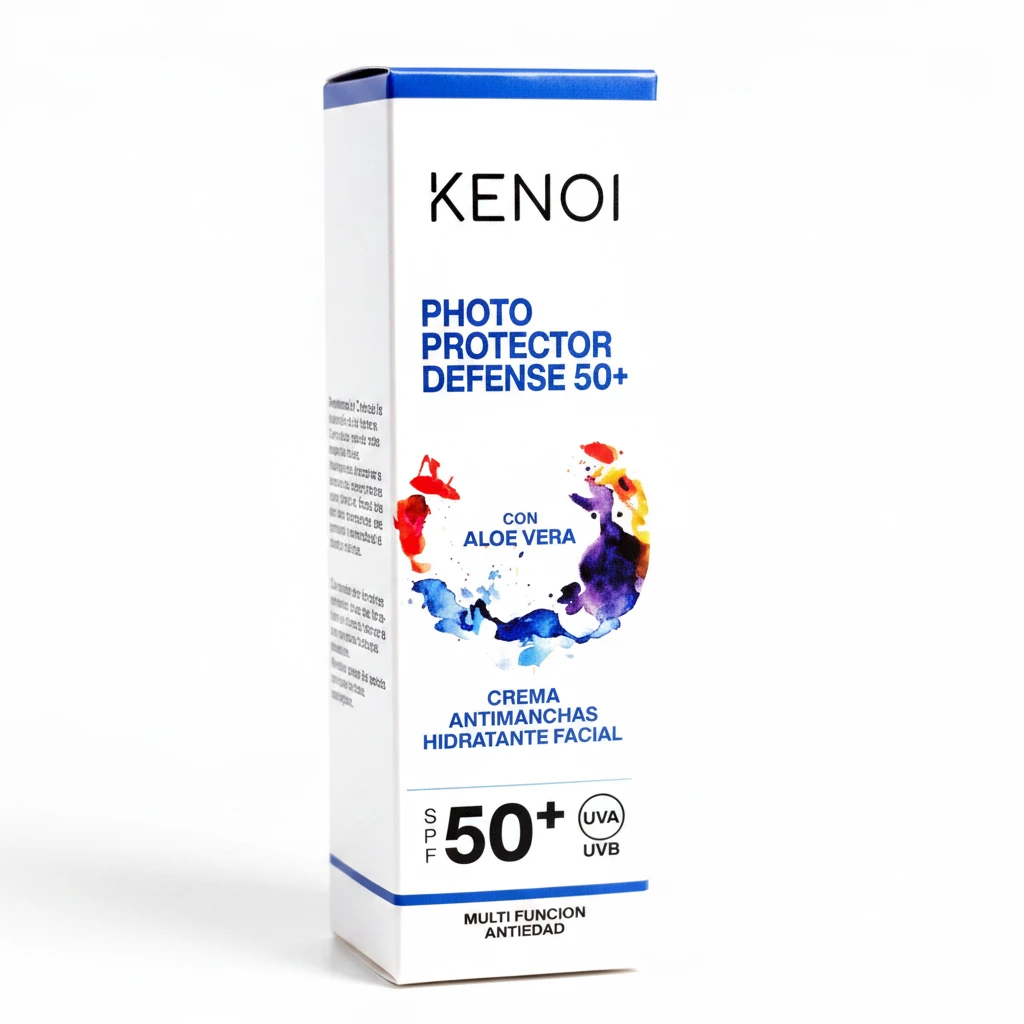 Una caja rectangular blanca de la crema solar facial «Kenoi Photo Protector Defense 50+» con aloe vera, SPF 50+, protección UVA/UVB y un diseño abstracto a todo color en la parte delantera. El texto destaca sus propiedades anti-manchas e hidratantes.