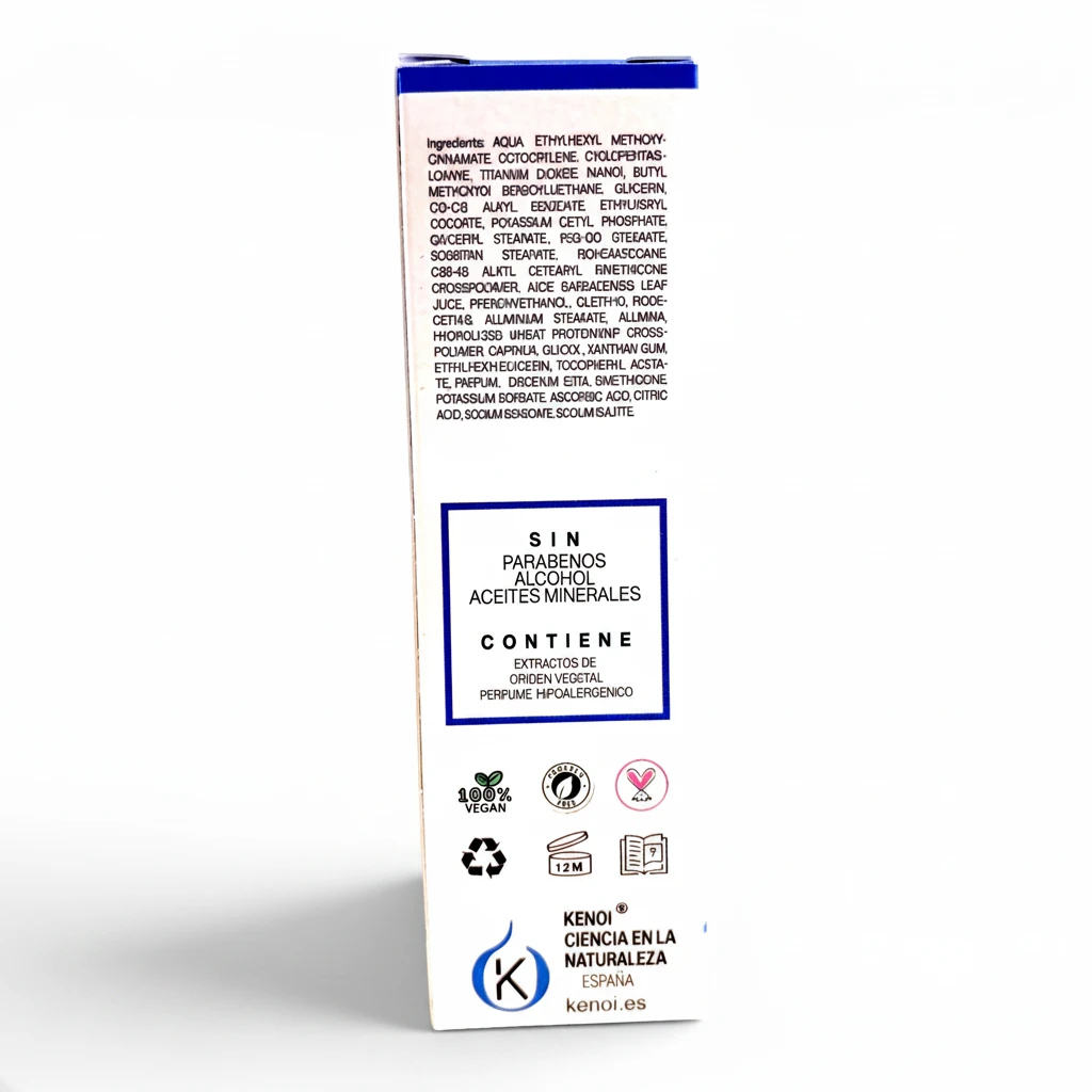Caja blanca del producto con texto en español en el que se enumeran los ingredientes y las ventajas del producto. Los iconos indican que es vegano, reciclable, testado dermatológicamente e hipoalergénico. El texto en azul y negro destaca sobre el fondo blanco.