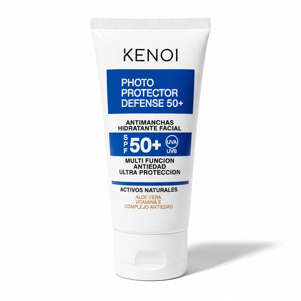 Un tubo blanco de protector solar facial Kenoi Photo Protector Defense 50+ con texto en azul y negro, en el que se destacan el SPF 50+, la protección UVA/UVB, sus propiedades antienvejecimiento y sus propiedades hidratantes.