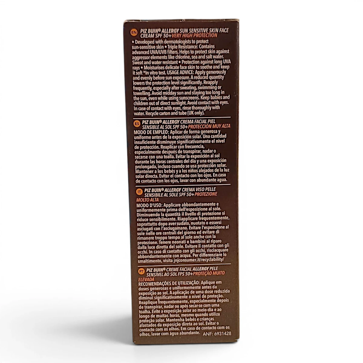 Piz Buin Allergy crema solar facial SPF 50+ — detalle caja