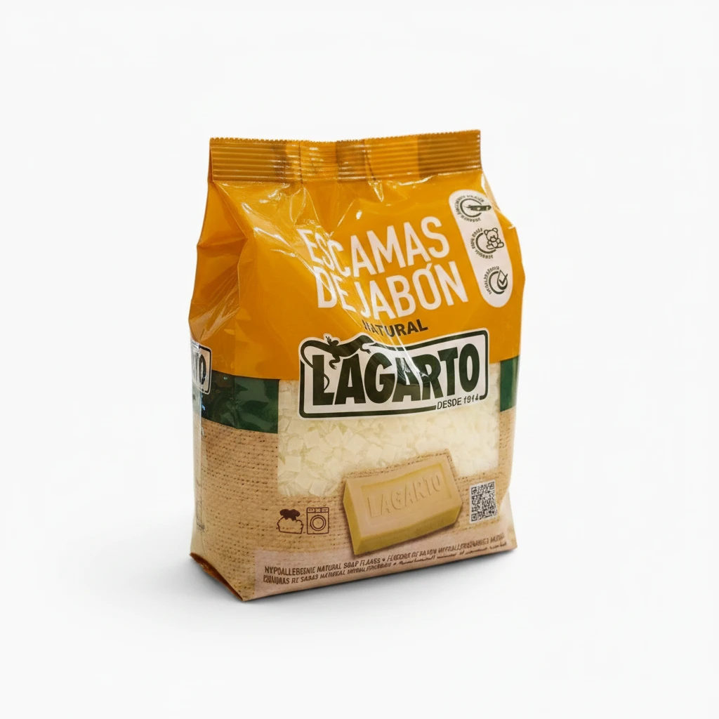 Una bolsa de escamas de jabón natural de la marca Lagarto, con un envase de color amarillo y beige, en cuya parte delantera aparece una imagen de escamas de jabón y una pastilla de jabón, con la etiqueta «Escamas de Jabón».