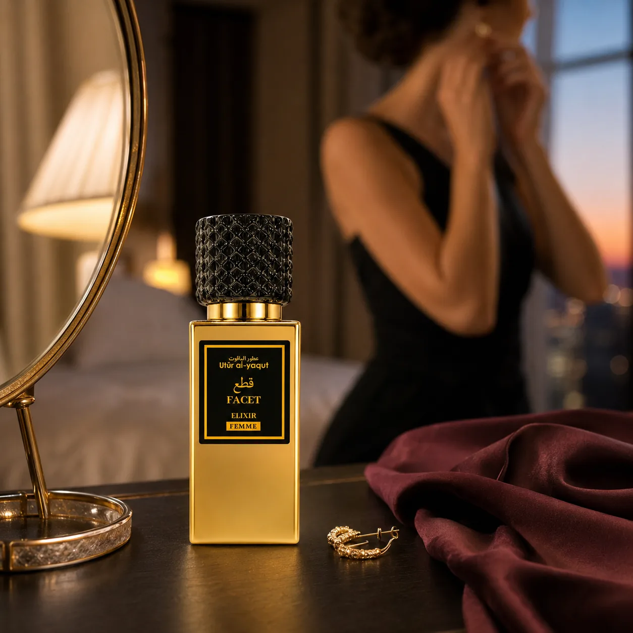 Un frasco de perfume «Utur al-Yaqut Elixir Facet» para mujer, de 50 ml, descansa sobre una mesa junto a un espejo, unos pendientes y un paño burdeos drapeado. En el fondo borroso, una mujer se ajusta un pendiente en el dormitorio, iluminado con luz tenue.