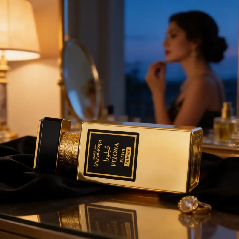 Un frasco de perfume dorado descansa sobre un tocador, con un anillo a su lado, mientras una mujer se pinta los labios en el fondo desenfocado, junto a una lámpara encendida y un espejo, creando un ambiente elegante de noche. Un frasco de perfume dorado descansa sobre un tocador, con un anillo a su lado, mientras una mujer se pinta los labios en el fondo desenfocado, junto a una lámpara encendida y un espejo, creando un ambiente elegante de noche.