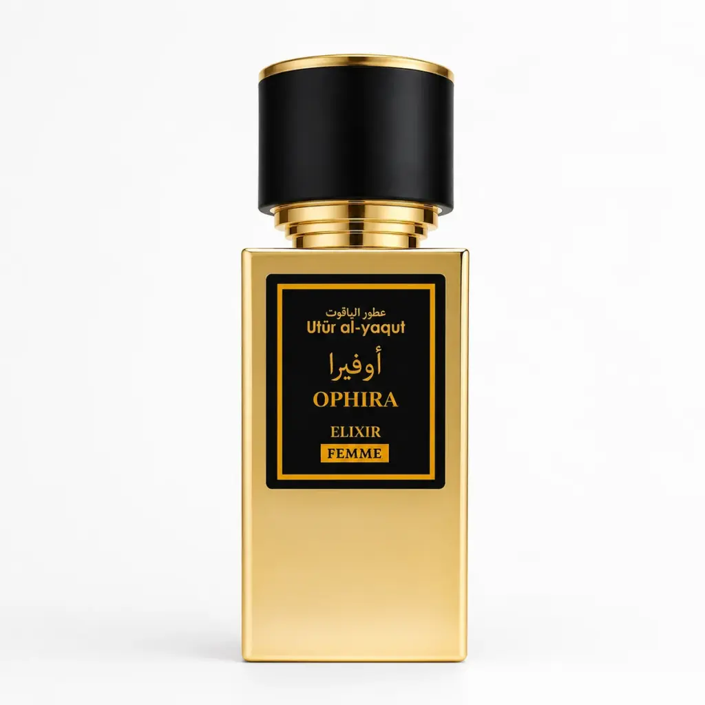 Un frasco de perfume dorado con tapón negro y etiqueta negra en la que se lee «Uttr al-yaqut OPHIRA ELIXIR FEMME» en inglés y árabe, colocado en posición vertical sobre un fondo blanco liso.