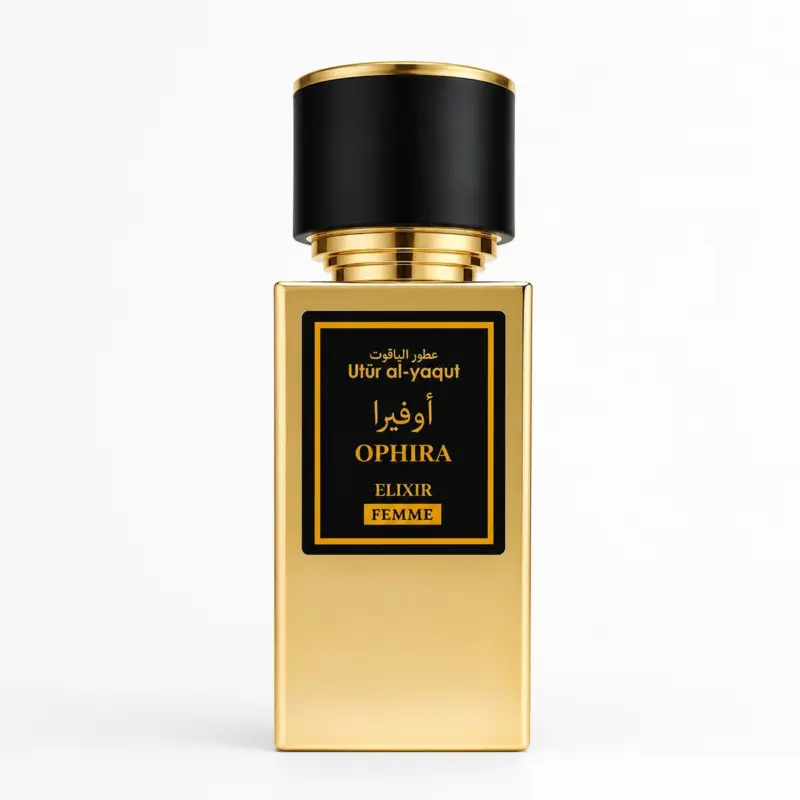 Un frasco de perfume dorado con tapón negro y etiqueta negra en la que se lee «Uttr al-yaqut OPHIRA ELIXIR FEMME» en inglés y árabe, colocado en posición vertical sobre un fondo blanco liso.