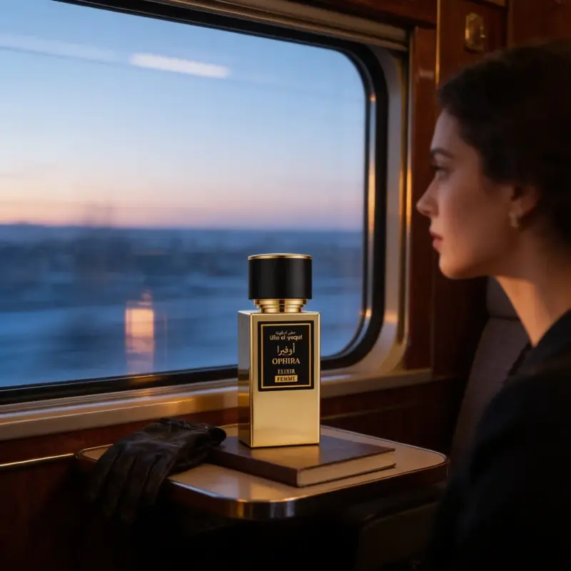 Una mujer está sentada en un tren, mirando por la ventana la puesta de sol. Delante de ella hay un frasco de perfume dorado con la etiqueta «Ombra Leather», apoyado sobre un libro, junto al cual hay unos guantes negros. Una mujer está sentada en un tren, mirando por la ventana la puesta de sol. Delante de ella hay un frasco de perfume dorado con la etiqueta «Ombra Leather», apoyado sobre un libro, junto al cual hay unos guantes negros.
