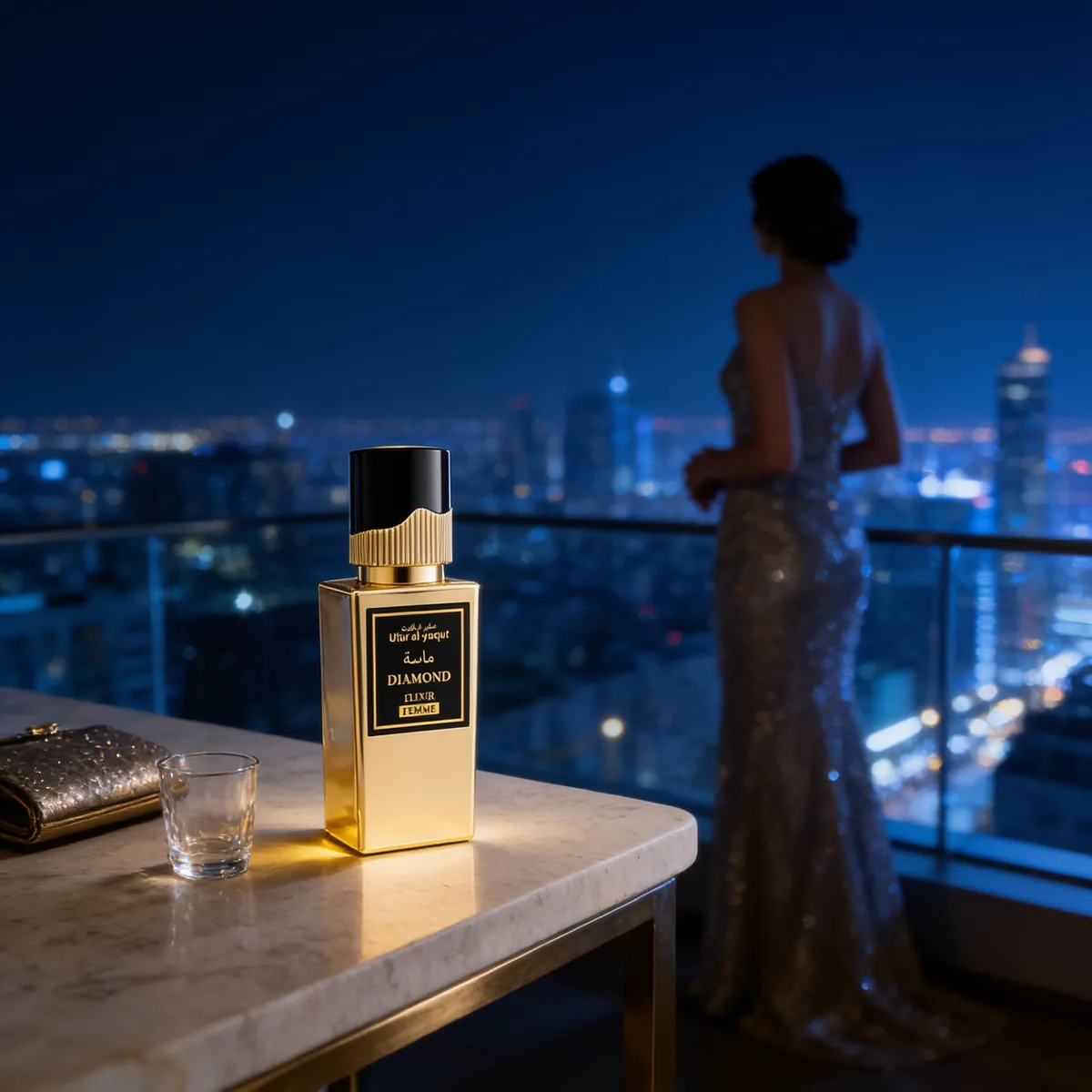 Un frasco de perfume dorado sobre una mesa de mármol, junto a un bolso de mano y una copa, con vistas a la ciudad de noche. Una mujer con un vestido brillante se encuentra de pie junto al balcón, contemplando el horizonte.