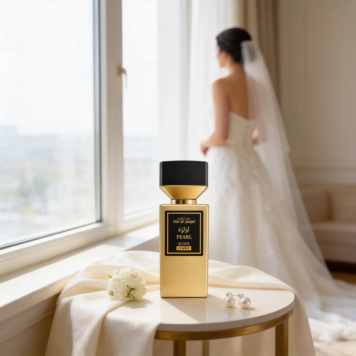 Un frasco de perfume dorado descansa sobre una mesa junto a un ramo de novia y unos pendientes, mientras una novia con un vestido blanco y un velo se encuentra de pie junto a una ventana en un fondo suavemente iluminado.
