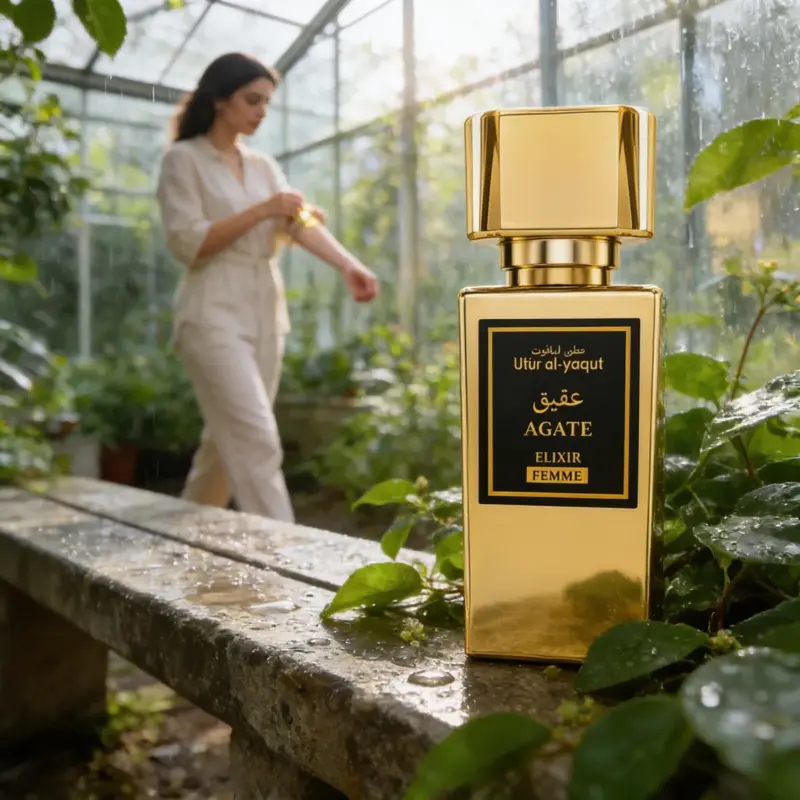 Un frasco de perfume dorado con la etiqueta «Agate Elixir Femme» descansa sobre un banco mojado en un invernadero, con una mujer vestida de blanco paseando entre plantas verdes al fondo. Un frasco de perfume dorado con la etiqueta «Agate Elixir Femme» descansa sobre un banco mojado en un invernadero, con una mujer vestida de blanco paseando entre plantas verdes al fondo.