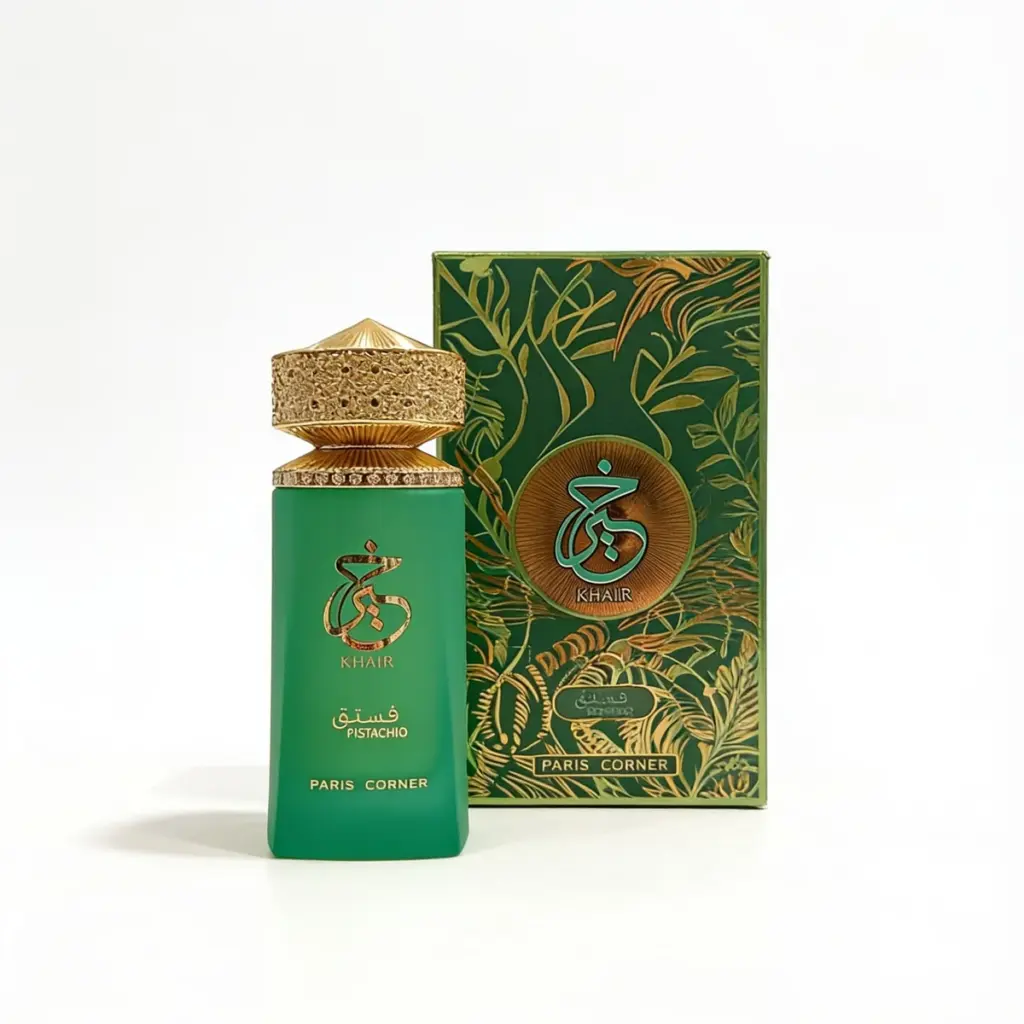 Un frasco de perfume verde con detalles dorados y escritura árabe, con la etiqueta «Khair Pistachio Paris Corner», se encuentra junto a su caja decorativa a juego, de color verde y dorado, con motivos botánicos.