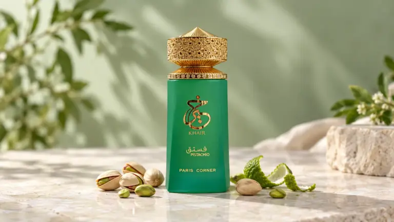Frasco verde y dorado de Khair Pistachio de Paris Corner con pistachos y piel de cítrico