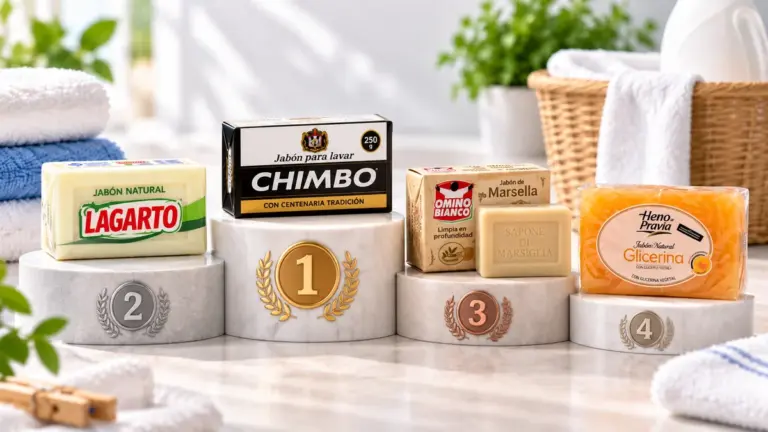 Cuatro pastillas de jabón —entre ellas, Omino Bianco, el jabón Chimbo y el jabón de Marsella— descansan sobre pedestales de mármol etiquetados del 1 al 4, clasificadas con medallas de oro, plata y bronce. Están rodeadas de toallas y plantas en un cuarto de baño luminoso y limpio.