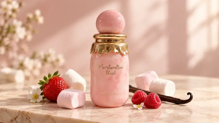 Frasco de Paris Corner Marshmallow Blush con fresas, frambuesas, vainilla y marshmallows sobre un fondo rosa suave